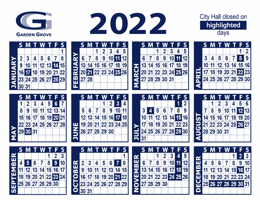 2022 Calendar City of Garden Grove